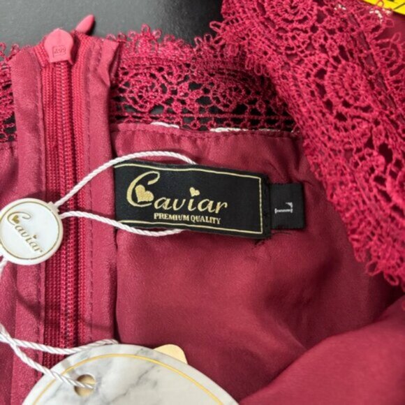 Cariar Vintage Women's Large Burgundy Floral Dress Embroidered Lace Puff Sleeve - Picture 16 of 16